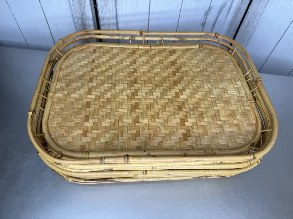 Vintage Rattan Bamboo Trays Lot of 6 Wicker Tiki Lap TV Serving MCM Retro